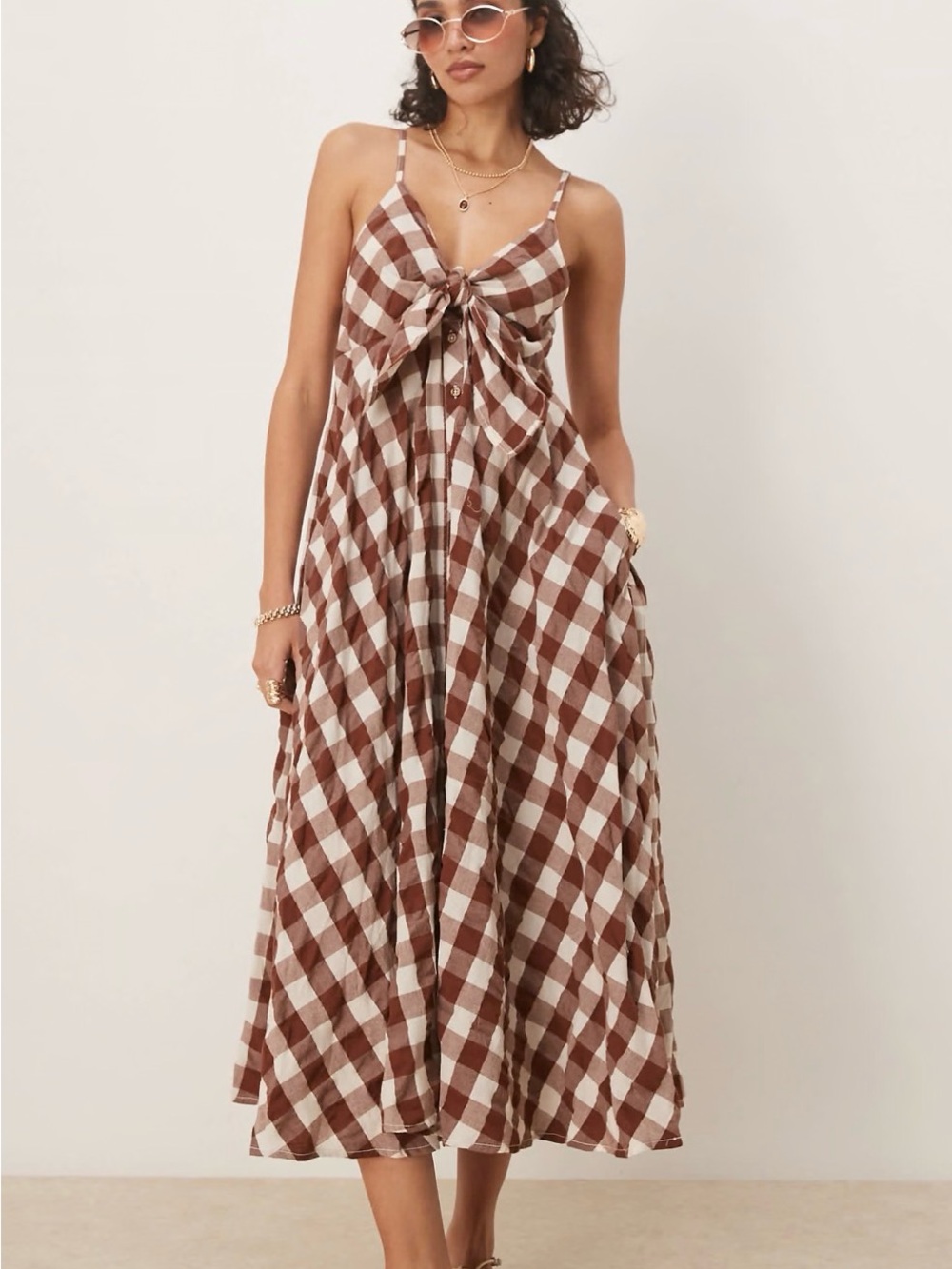 Free People via gingham cami midi dress in brown